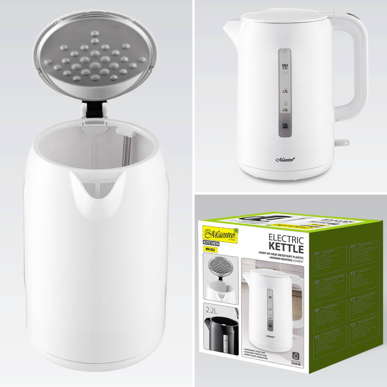 Електрочайник Maestro MR-022-WHITE 2.2 л, потужний чайник 2200 Вт з авто вимкненням і захистом від перегріву, фото 1