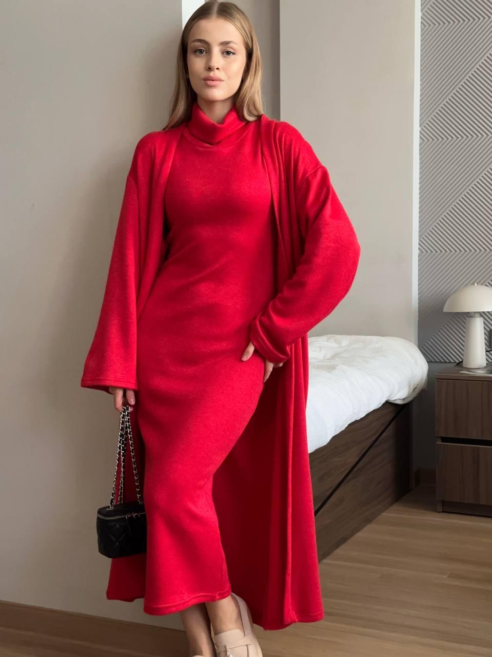 Жіночий теплий мякий комплект-двійка червоного кольору з двосторонньої ангори - сукня і кардиган, фото 1