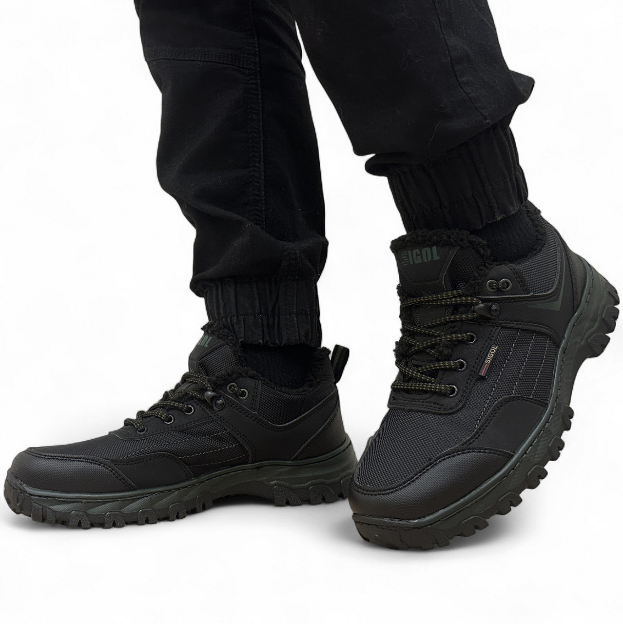 Кросівки чоловічі зимові прошиті чорні з зеленим (Сгб-15-4), фото 1