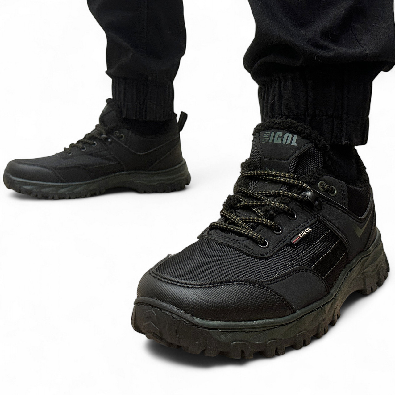 Кросівки чоловічі зимові з хутром прошиті чорні з зеленим (Сгб-15-4), фото 1