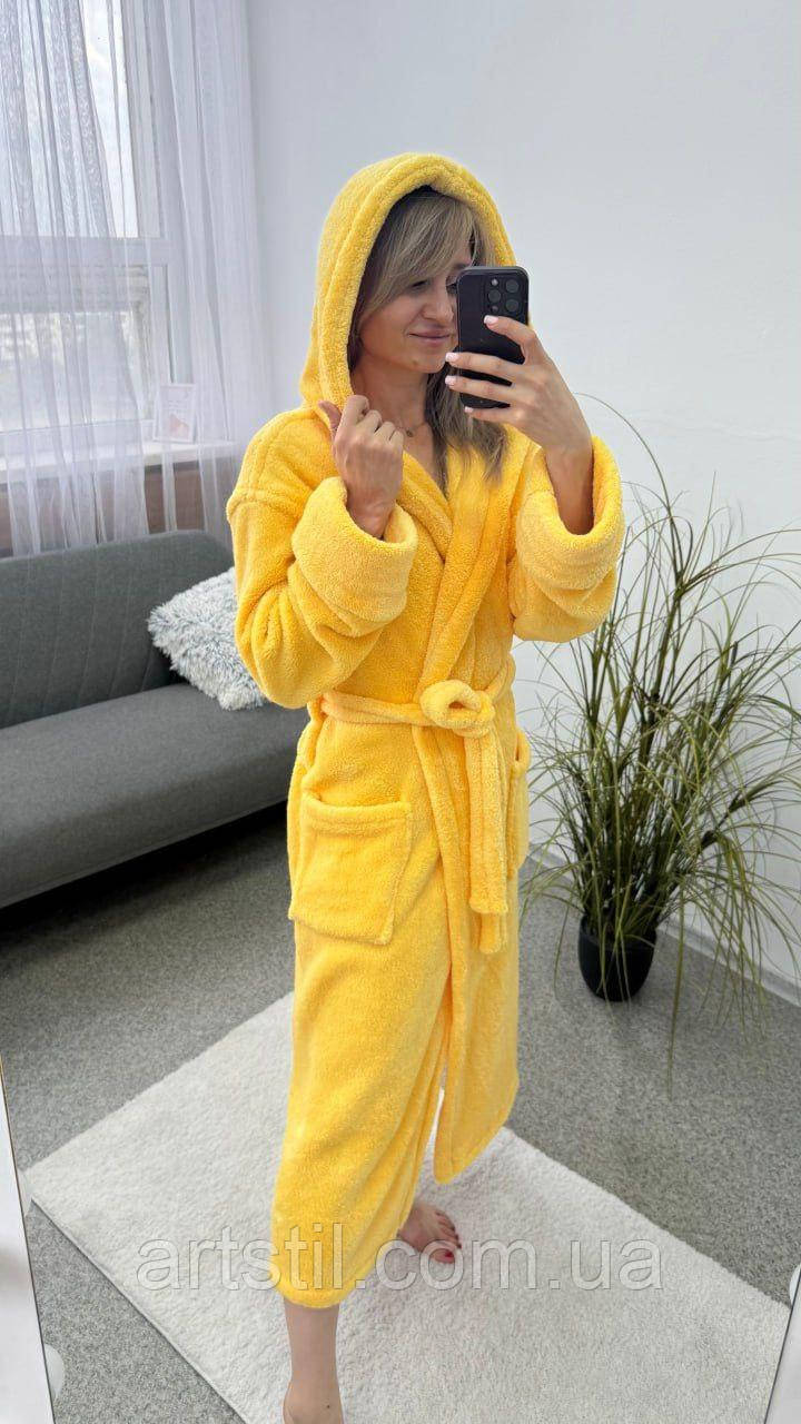Жовтий довгий махровий халат, дуже теплий і ніжний на дотик, фото 1
