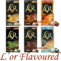Набір Nespresso L'or Flavoured Pack: Vanilla -Chocolate - Caramel - Hazelnut - Coconut Iced - Pumpkin Spice(6 уп. по 10 капсул)