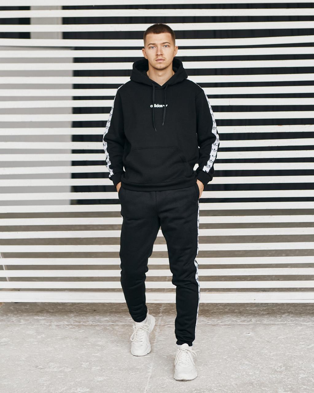 Чоловічий чорний спортивний костюм Adidas зимовий на флісі двійка,Утеплений костюм чорного кольору з лампасами тринитка Худі Штани - фото 1 - id-p2785247694