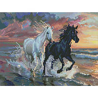 Діамантова мозаїка Коні на узбережжі, 30х40 см, на підрамнику
