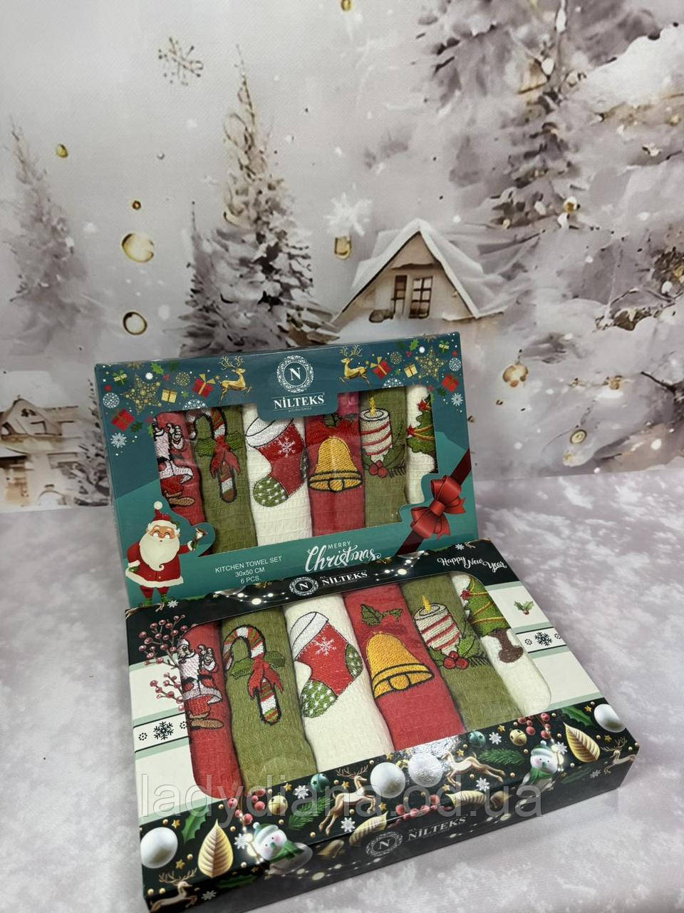 Набір новорічних рушників кухонних в коробці 6 шт. 40/60 см на подарунок бавовняні вафельні якісні Туреччина, фото 1