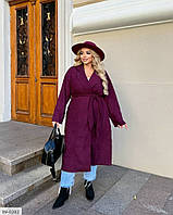 Кардиган-пальто жіночий довгий стильний модний вельветовий із поясом на запах великих розмірів 50-60