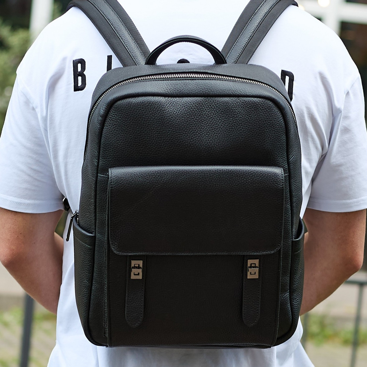 Міський шкіряний чоловічий рюкзак 40х30х17, наплічник для роботи, навчання та подорожей, чорний, фото 1