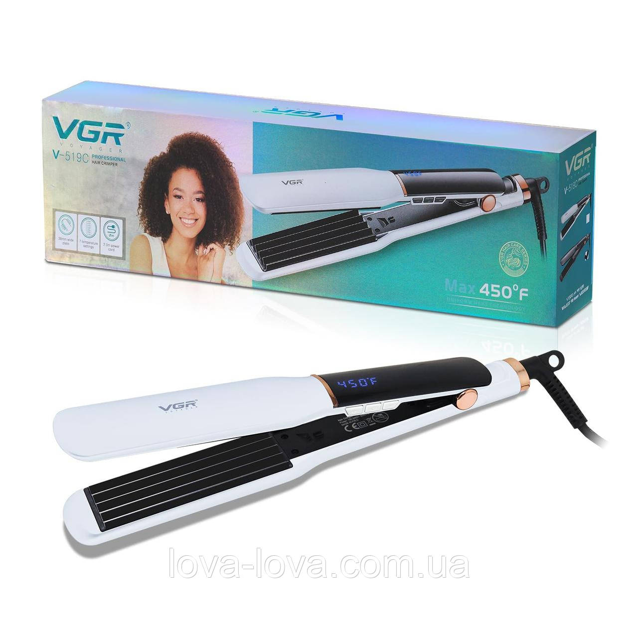Широка плойка гофре для прикореневого об'єму VGR V-519C потужністю 70 Вт із дисплеєм і 7 температурними режимами White