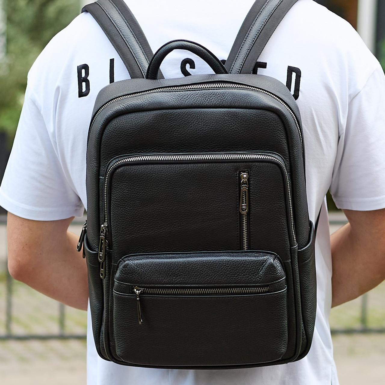 Міський чоловічий рюкзак із натуральної шкіри 40х30х18, наплічник для роботи та подорожей, чорний, фото 1