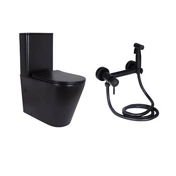 Комплект 2 в 1: унітаз підлоговий Qtap Scorpio Matt Black QT14226088AMB + набір гігієнічного душу Lidz Aria Black