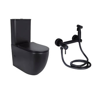 Комплект 2 в 1: унітаз підлоговий Qtap Robin Matt Black QT13226083AMB + набір гігієнічного душу Lidz Aria Black LDARI110BLA43394