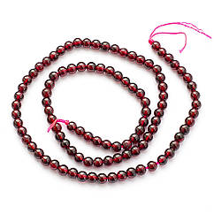 Намистини Натуральний Гранат, Клас АА, Круглі, Бордовий, 4мм, Отвір: 1мм, близько 90шт/38см/нитка