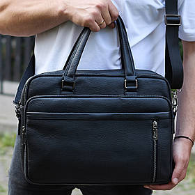 Чоловічий портфель із натуральної шкіри 39х29х10, ділова сумка для ноутбука та документів, чорний