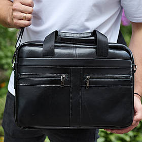 Чоловіча шкіряна сумка 38х28х8, місткий портфель для ноутбука, офісна сумочка з ручкою для ділового чоловіка, чорна