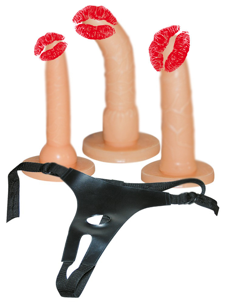 Страпон-сет із бежевими насадками та трусиками для фіксації, фото 1