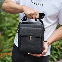 Чоловіча сумка з натуральної шкіри 24х20х8, чорна барсетка через плече, чоловічий месенджер, чорний, фото 2