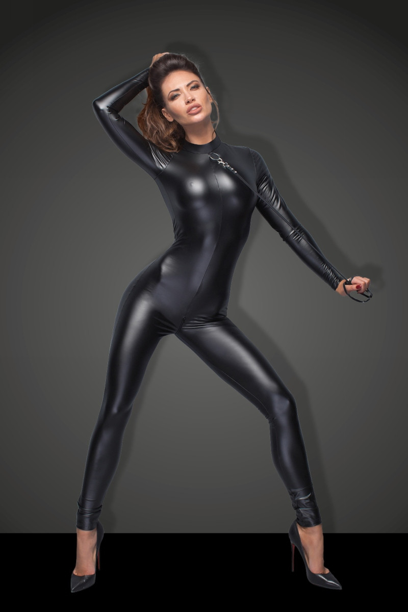 Сексуальний вініловий комбінезон NOIR на все тіло, з повідцем, чорний, розмір XL, фото 1