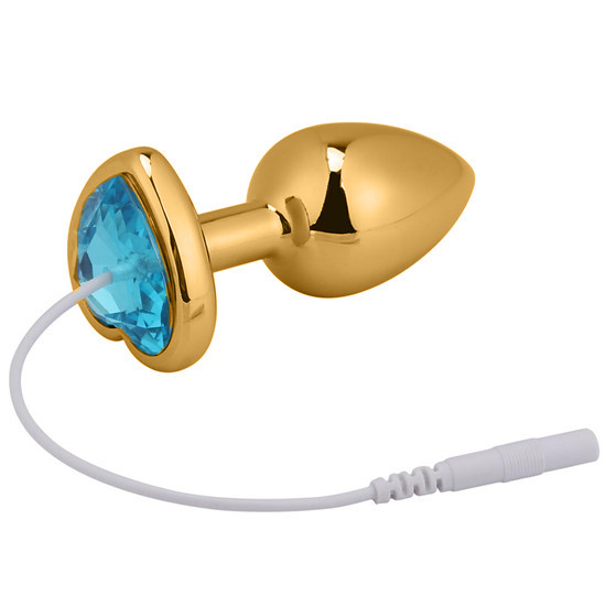 Металева анальна пробка, 2.5 см х 6.5 см, для електростимуляції, золота, з блакитним каменем, фото 1