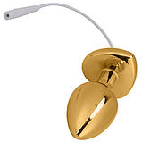 Металева анальна пробка, 2.5 см х 6.5 см, для електростимуляції, золота, з блакитним каменем, фото 3