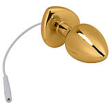 Металева анальна пробка, 2.5 см х 6.5 см, для електростимуляції, золота, з блакитним каменем, фото 5