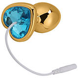 Металева анальна пробка, 2.5 см х 6.5 см, для електростимуляції, золота, з блакитним каменем, фото 6