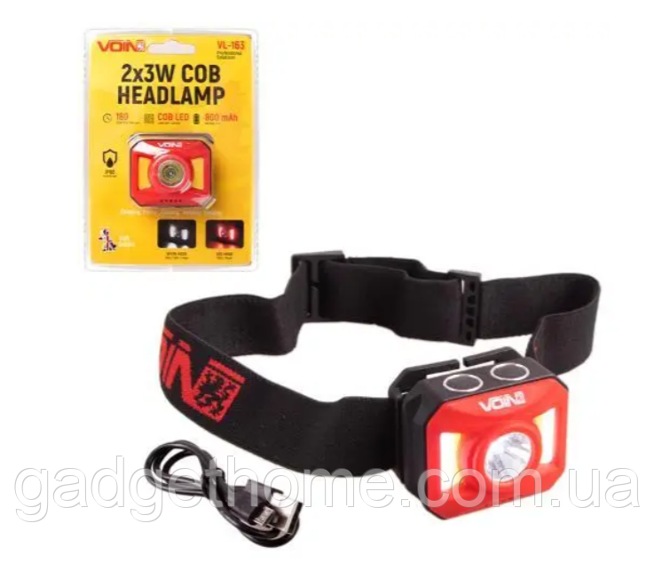 ТОП! Ліхтар налобний "VOIN" VL-163 2х3W-COB(W/R)+3W XPE/АКБ800mAh/рег, нахилу - (gHome), фото 1