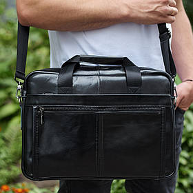 Шкіряна чоловіча сумка-портфель 38х28х8, сумочка для роботи та щоденних справ, чоловічий шопер, чорна