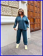 Жіночий спортивний костюм двунитка батал полузип оверсайз брюки джоггери регулювання низу 3 кольори 50-60