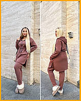 Женский костюм-двойка флисовый трехнитка осень зима с капюшоном накладные карманы плюс сайз серый 48-58