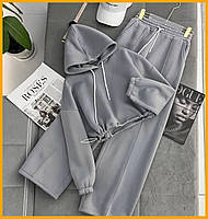 Жіночий спортивний комплект теплий худі з вшитим капюшоном укорочений з куліскою штани прямі чорний сірий 42-48