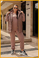 Жіночий спортивний теплий костюм трійка трикотаж трикотаж з начосом джоггери еластичні манжети жилет 5 кольорів 46-56