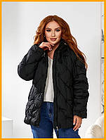 Жіноча куртка прямого крою стьобана демісезонна з капюшоном практична чорна 42-50