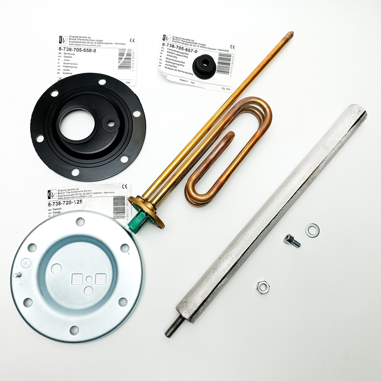 Оригінальний тен для бойлера Bosch Tronic, Tesy, Hi-therm 2000 Вт у зборі з анодом, двома прокладками та флянцем. Італія, фото 1