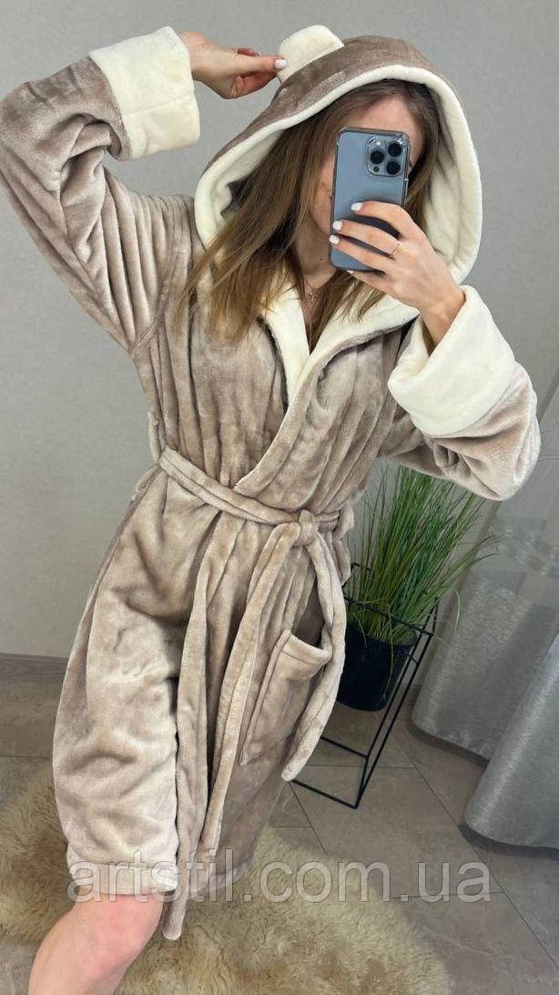 Теплий жіночий бежевий халат з вушками , короткий жіночий махровий халат, фото 1