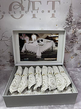 Скатертина на обідній стіл льняна (льон) з серветками прямокутна тефлонова 160/220 см Туреччина Verolli