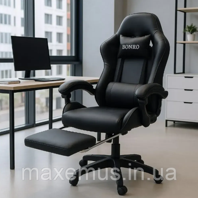 Крісло з регулюванням спинки В 945 з підставкою для ніг крісло для геймера комп'ютерне чорне, фото 1