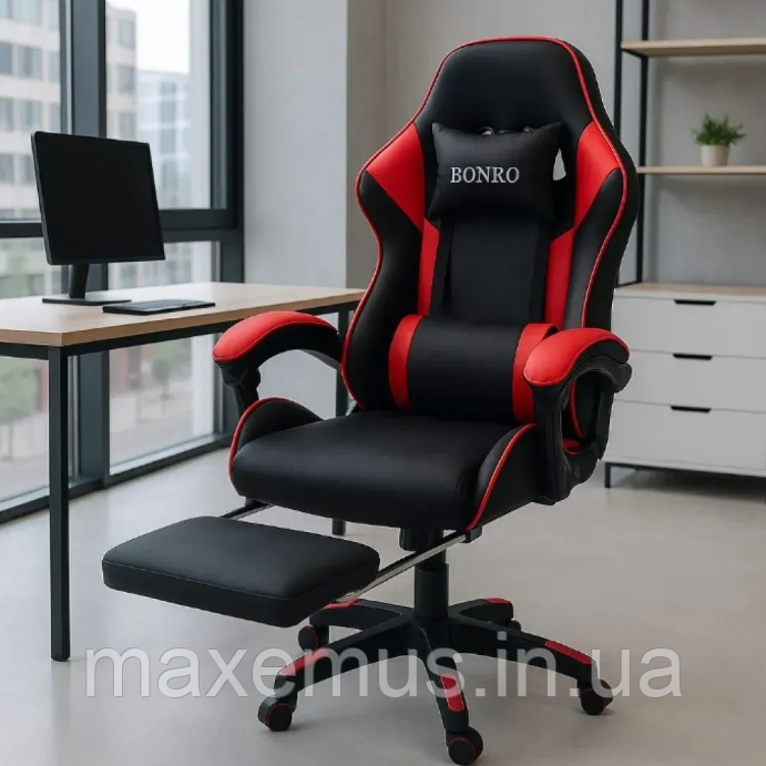 Крісло з регулюванням спинки В 945 з підставкою для ніг крісло для геймера комп'ютерне червоне, фото 1