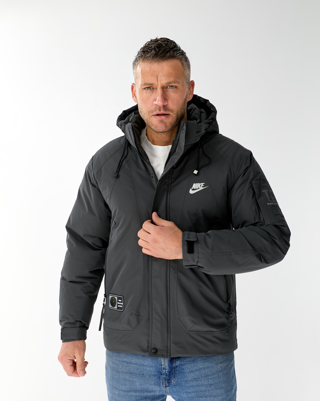 Чоловіча куртка Nike спортивна утеплена зимова куртка Найк з капюшоном темно-сіра