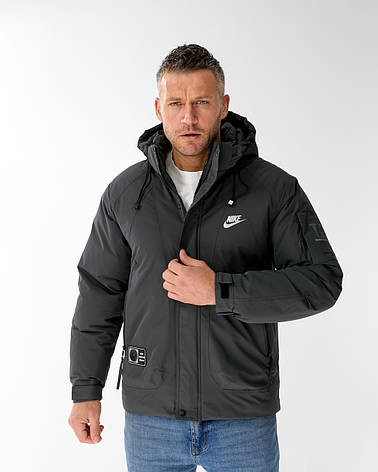 Чоловіча куртка Nike спортивна утеплена зимова куртка Найк з капюшоном темно-сіра, фото 1