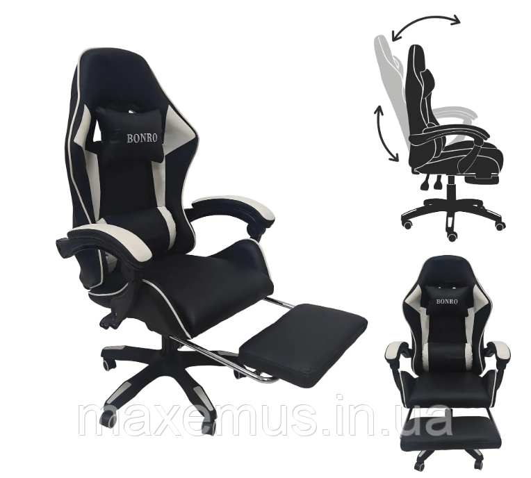 Крісло з регулюванням спинки B 9 4 5 з підставкою для ніг крісло для геймера комп'ютерне біле, фото 1