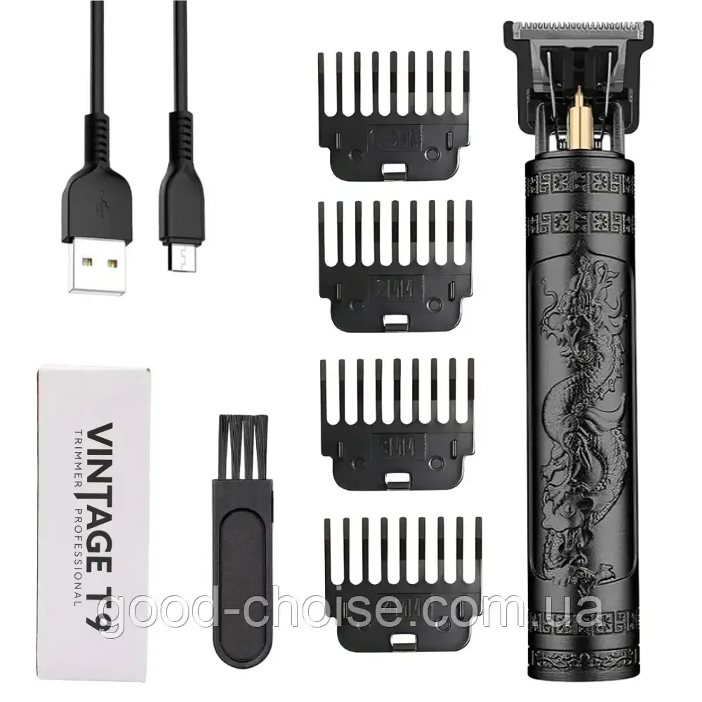 Акумуляторний тример для стрижки + 4 насадки, VINTAGE T9, з USB, Чорний / Акумуляторна машинка для волосся, бороди та вусів, фото 1