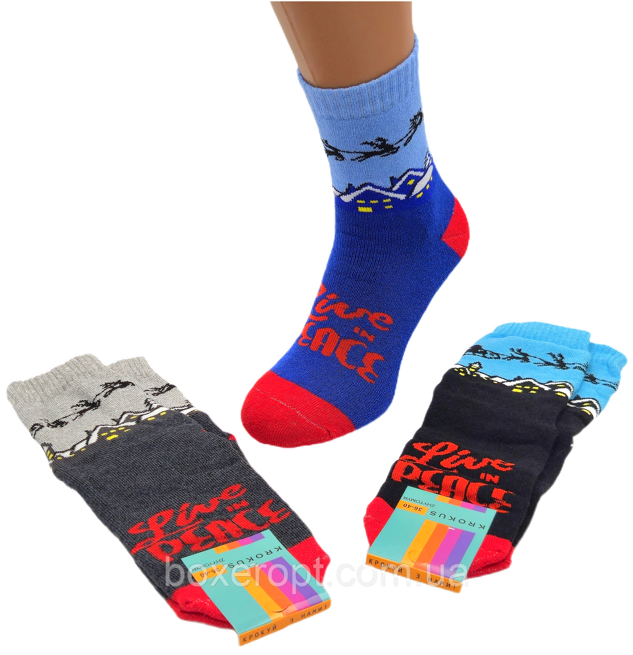 Жіночі новорічні шкарпетки з махрою Krokus - 22.00 грн./пара (Live in peace), фото 1