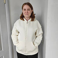 Тепла жіноча толстовка фліс капюшон блискавка оверсайз 42 молочний