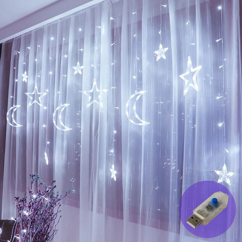 Світлодіодна новорічна гірлянда зірки та місяць 2.5 метра, 138LED, колір свічення білий USB. Гірлянда штора зорепад