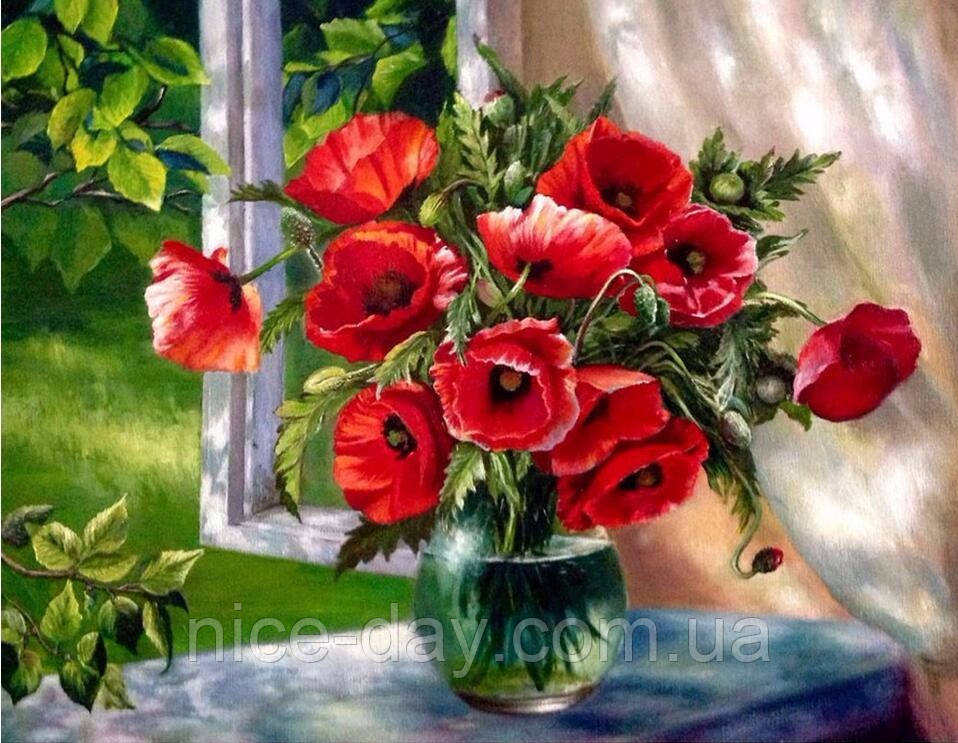 Картина для малювання камінням Diamond painting Алмазна вишивка "Червоні маки у вазі"