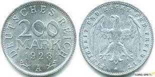 Монета 200 марок. 1923 рік (А), Веймарська республіка.