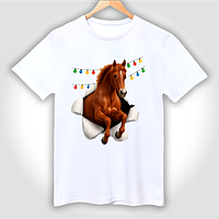 Футболка біла дитяча з новорічним принтом "Новорічний кінь з гірляндою"