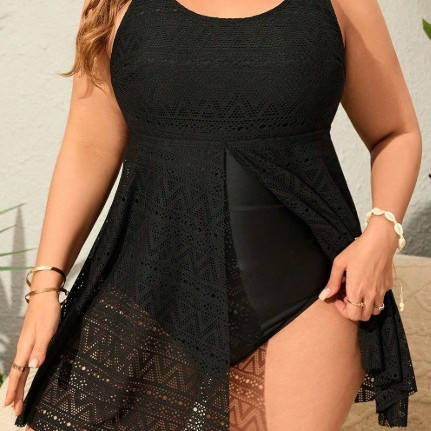 Купальник суцільний із мереживною тунікою. Чорний. Великі розміри., фото 1