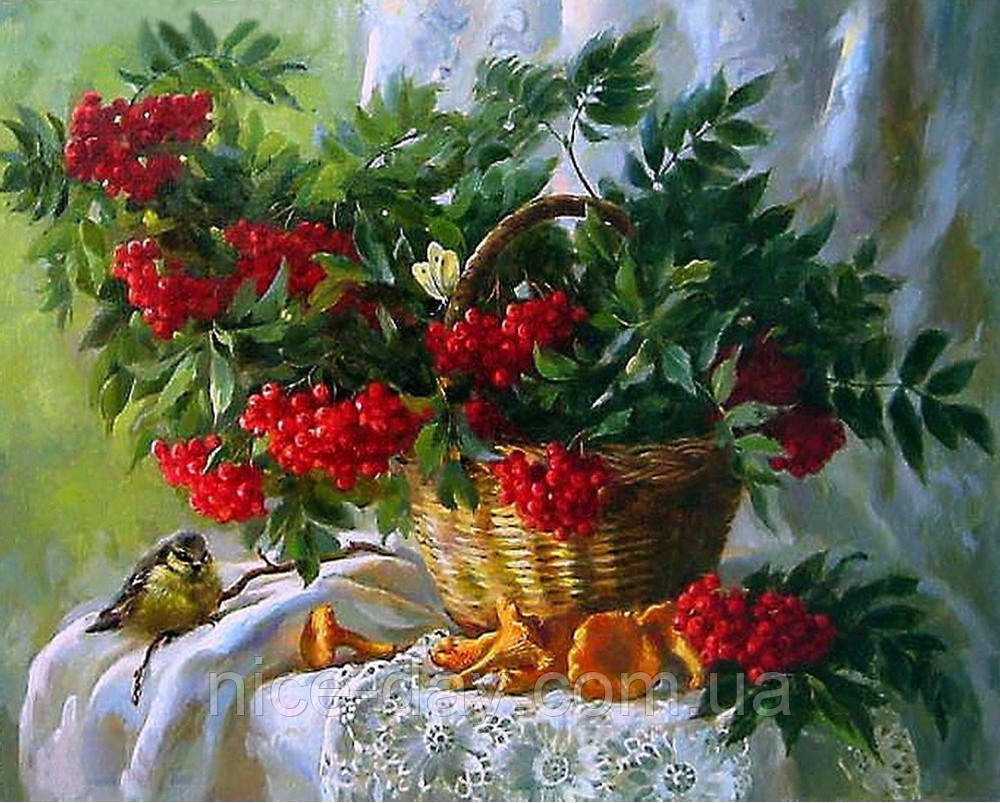 Картина для малювання камінням Diamond painting Алмазна вишивка "Рябина червона"