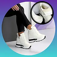 Кросівки снікерси жіночі Veagia білі еко шкіряні на танкетці з хутром зимові